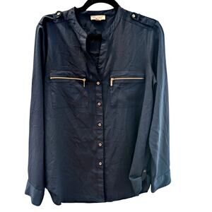 Calvin Klein Navy Blue Button Down Blouse Silver Zip Pockets Size M Long Sleeve